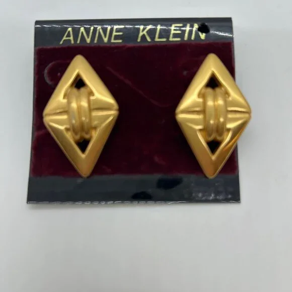 Vintage Anne Klein Earrings Brushed Gold-Tone, Diamond Shape Pierced Statement - Picture 7 of 13